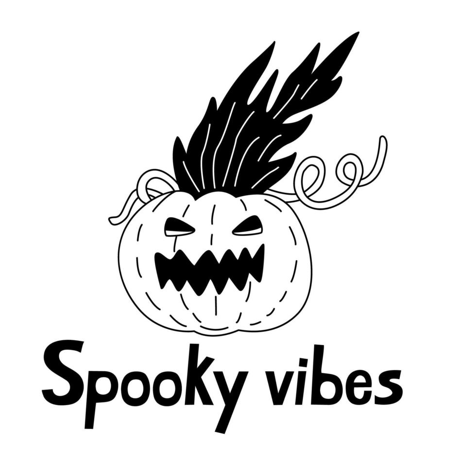 spookachtige vibes handgetekende letters en vector doodle illustratie van een brandende jack o lantern.