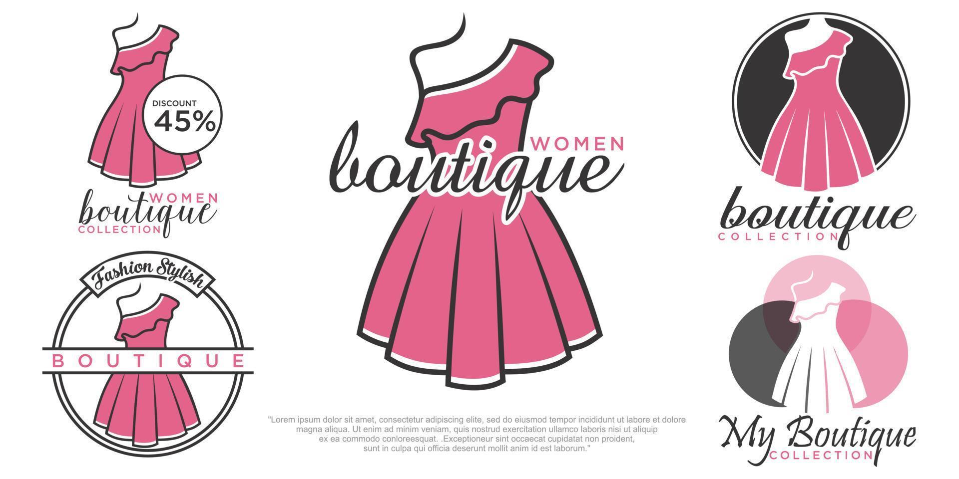 elegante logosjabloon voor modeontwerperbedrijf met roze jurkjurkvorm vector