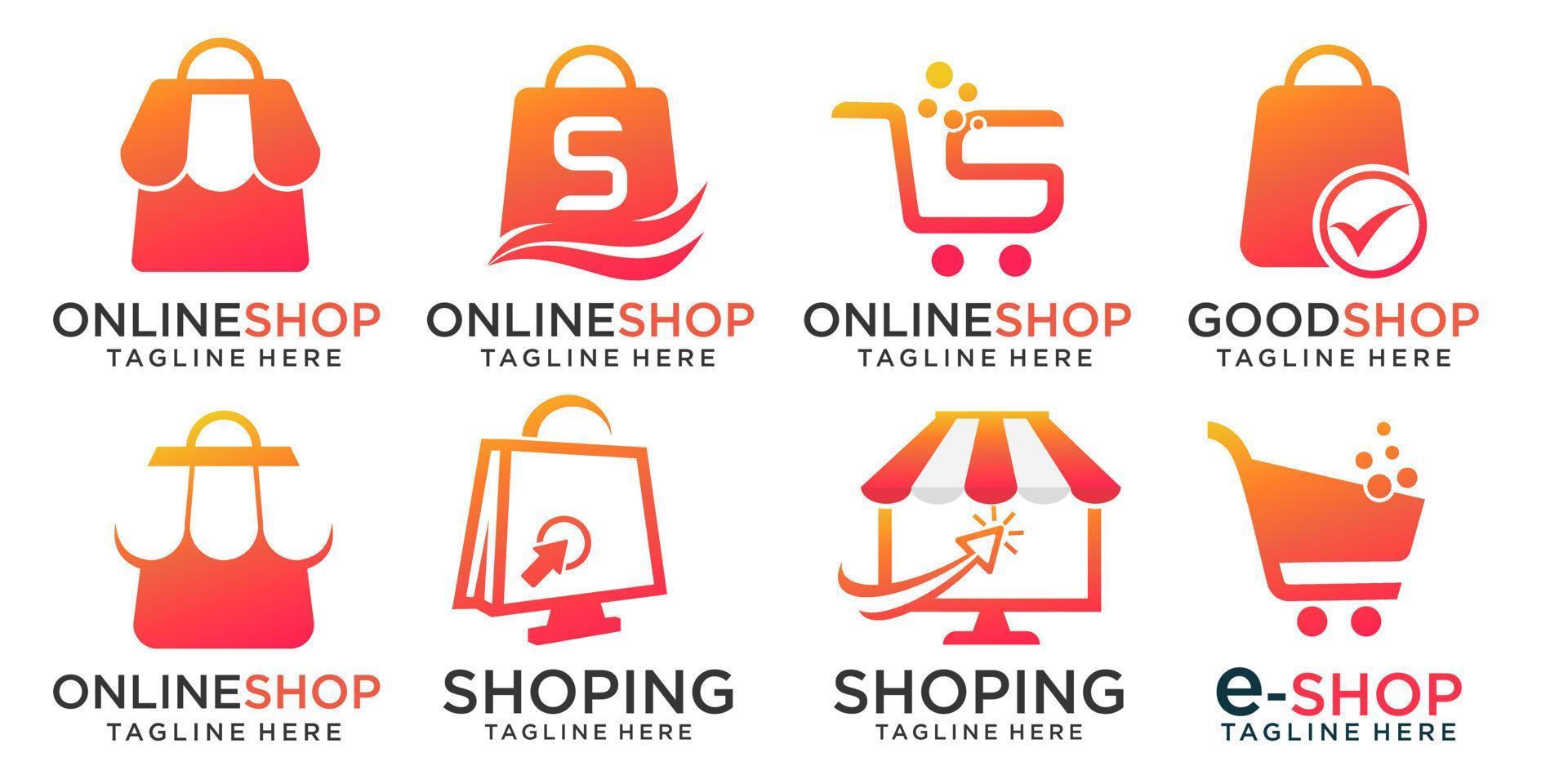 online winkel pictogrammenset logo ontwerpen sjabloon .combinatie, winkel, boodschappentas, trolley en computer vector