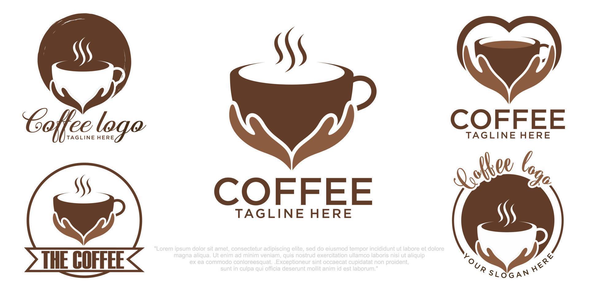 koffie logo ontwerpsjabloon combinatie kop en hand, eenvoudige pictogrammenset logo's vector