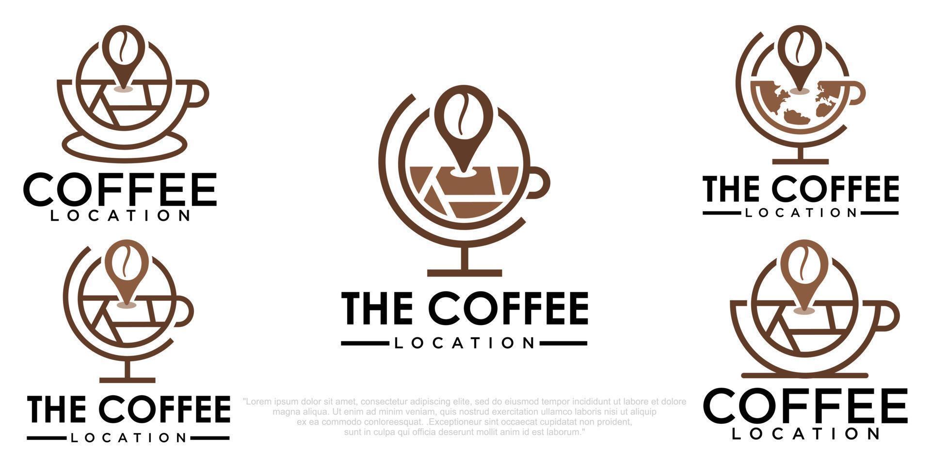 wereld koffie icon set logo ontwerp met kaart pin vector