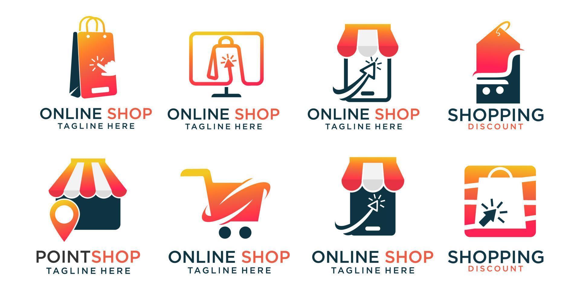 online winkel icon set logo ontwerpen .combinatie, winkel, boodschappentas, trolley, telefoon, computer en kaart vector