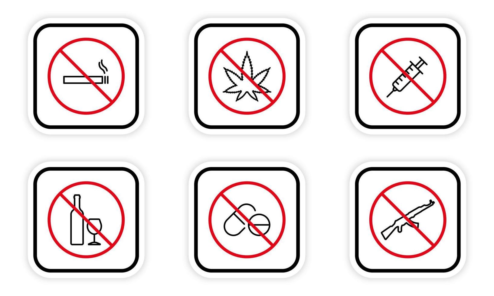 geen drugs, alcohol, sigaret, pil, spuit, pistool ak47 lijn icon set. verdovend, wapen verboden overzichtspictogram. gevaar verslaving stop symbool. illegaal teken verboden. geïsoleerde vectorillustratie. vector