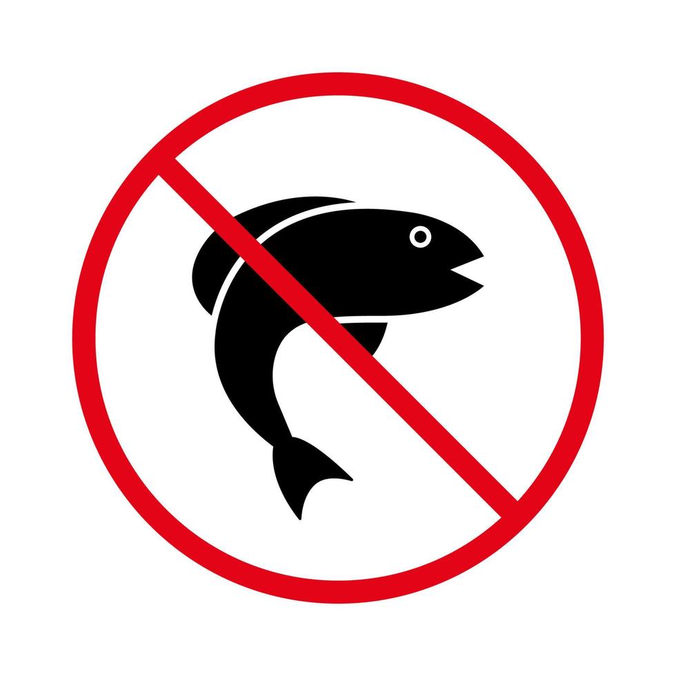 verboden vissen zeevruchten rode stop cirkel symbool. niet toegestaan vissen in meer en park rivier teken. visserij verbod plaats zwart silhouet icoon. verboden vis zee pictogram. geïsoleerde vectorillustratie. vector