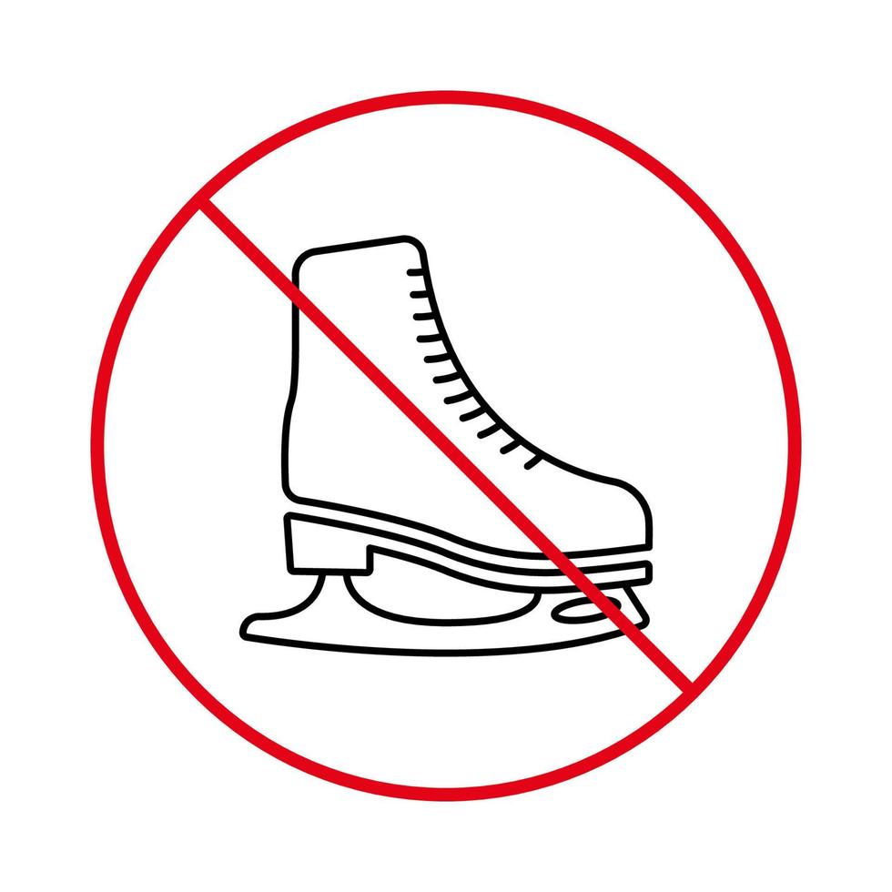 geen toegestaan recreatieteken voor ijsbaan. verbod schaatsen zwarte lijn pictogram. verboden kunstschaatsen pictogram. schaats winterlaars verboden. skater rood stopsymbool. geïsoleerde vectorillustratie. vector