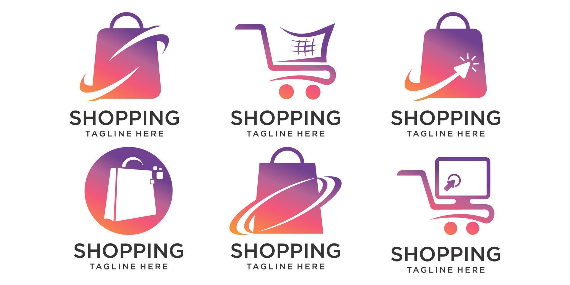 online winkel pictogrammenset logo ontwerpen sjabloon. illustratie vectorafbeelding van boodschappentas en trolley vector
