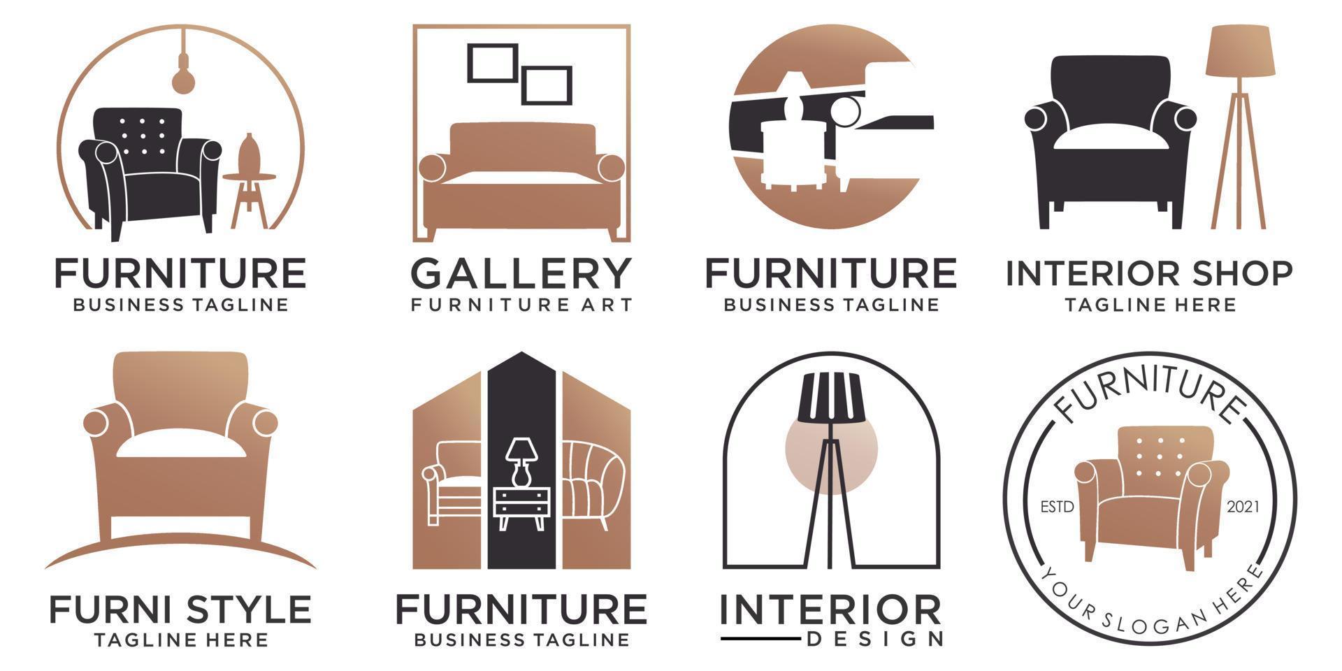 meubels pictogrammenset logo ontwerp inspiration.vector illustratie van stoel, tafel en decoratieve lamp vector
