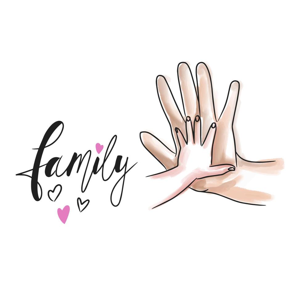 familie, handgeschreven inscriptie, cartoon kinderhand houdt de hand van een volwassene vast vector