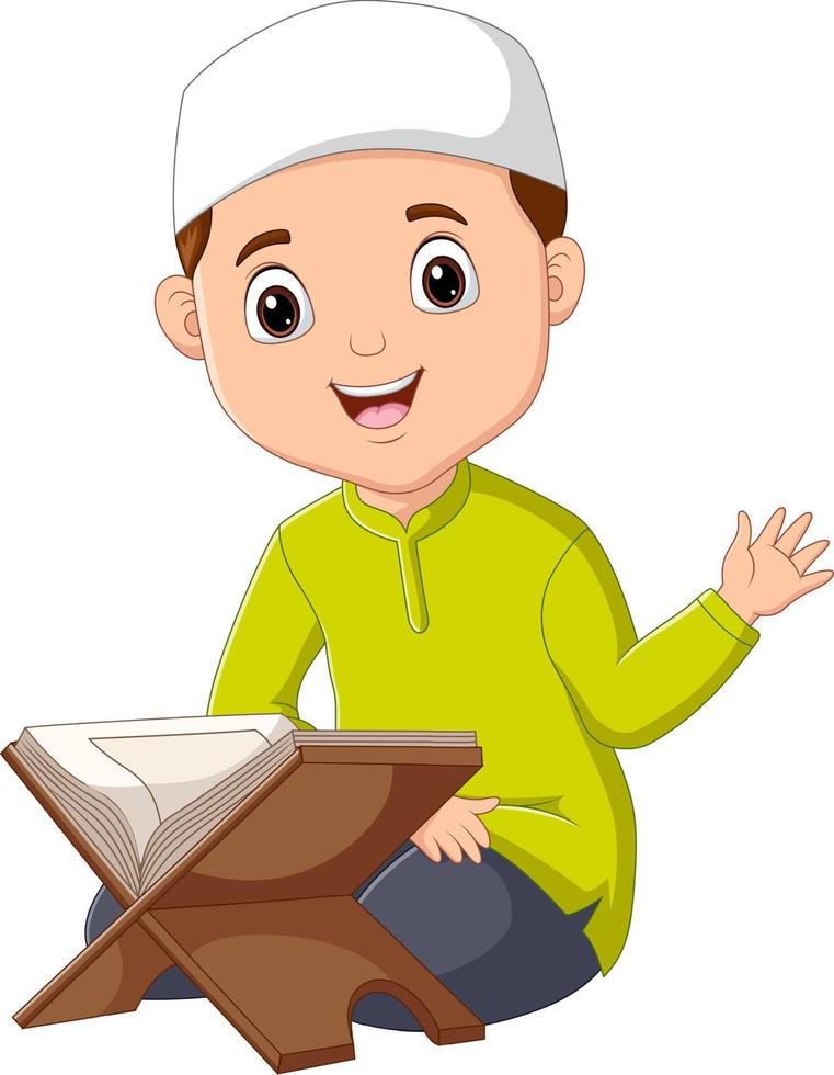 cartoonillustratie van een moslimjongen die de koran leest vector