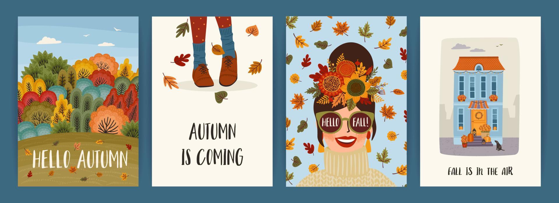 set herfstillustraties met schattig meisje. vectorontwerp voor kaart, poster, flyer, web en ander gebruik. vector