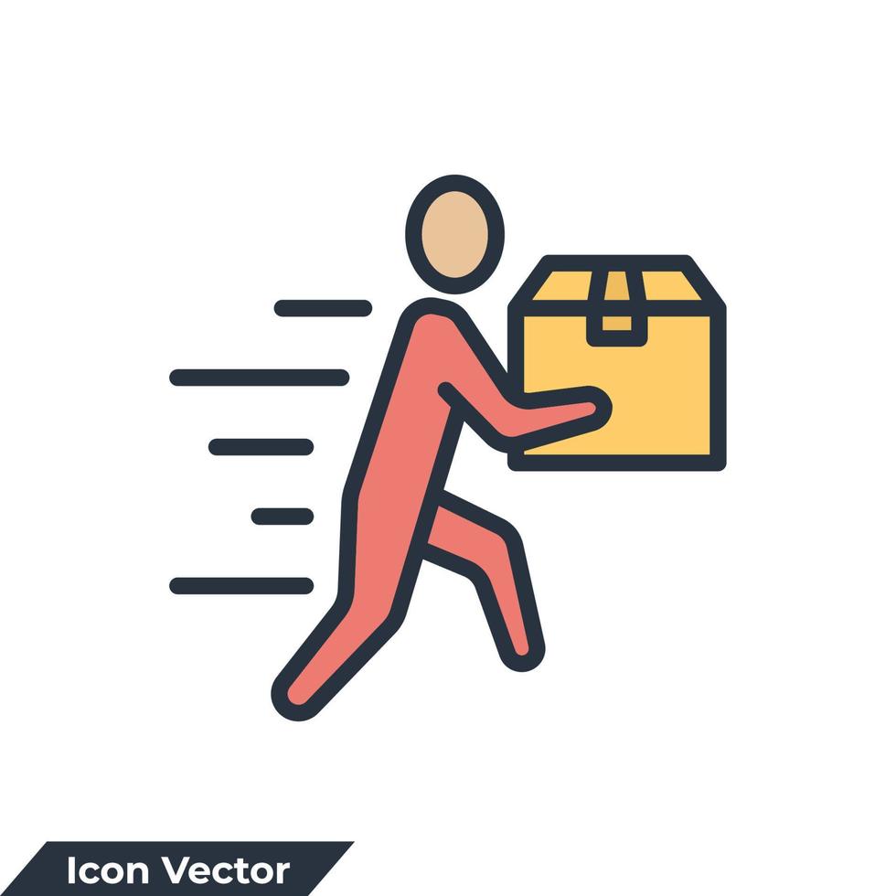 koerier levering pictogram logo vectorillustratie. bewegende man met doos, persoon met in de hand pakketsymboolsjabloon voor grafische en webdesigncollectie vector