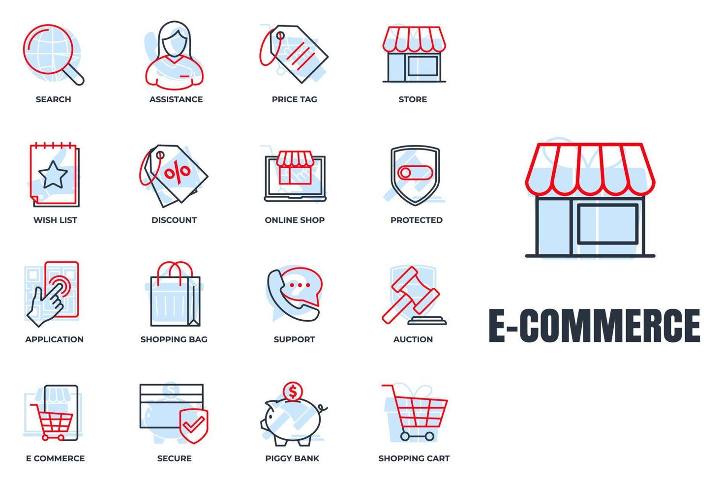 set van e-commerce pictogram logo vectorillustratie. winkelwagen, verlanglijstje, spaarvarken, zoeken, veilig, beschermd schild en meer pack-symboolsjabloon voor grafische en webdesigncollectie vector