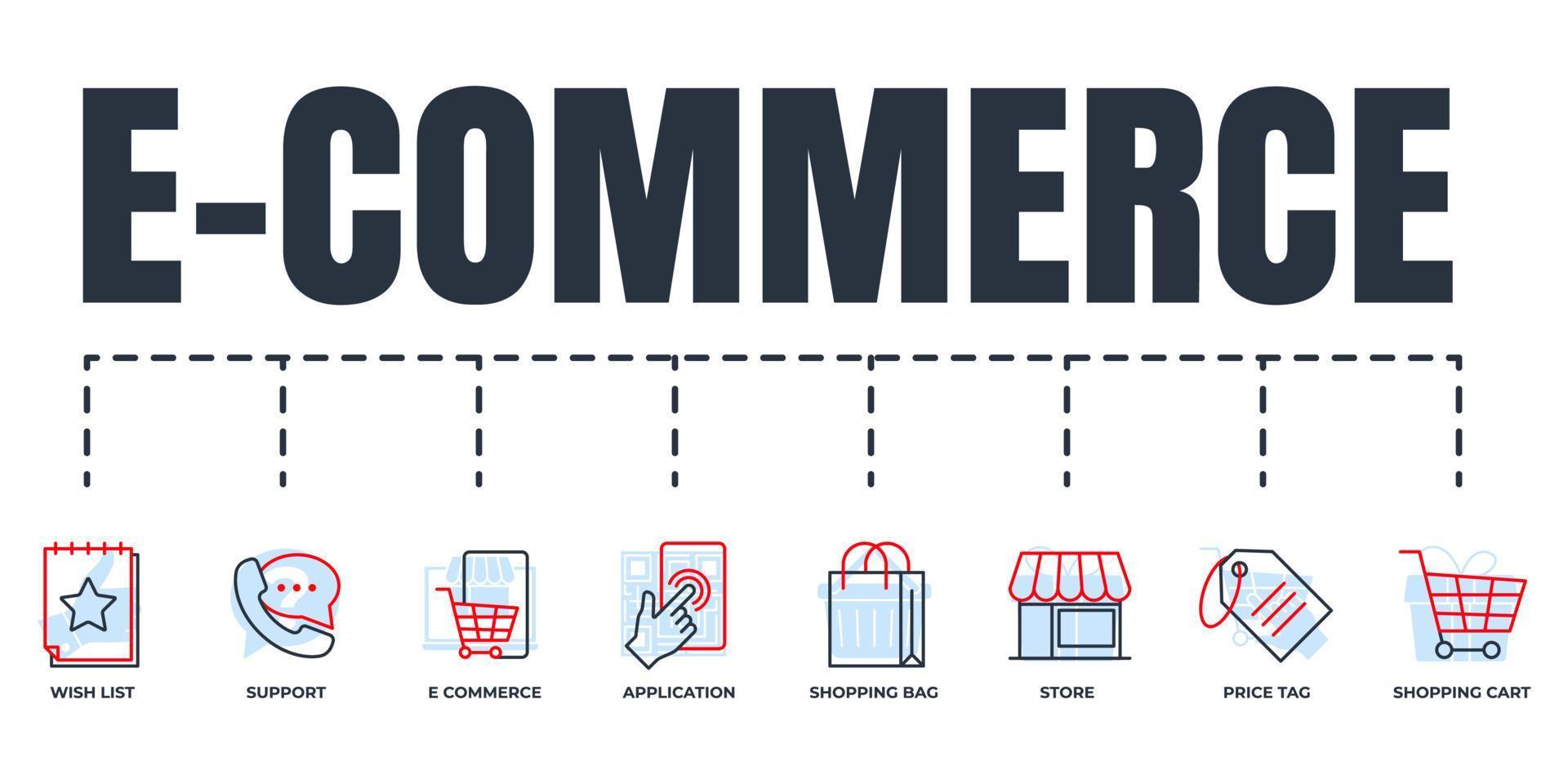 e-commerce banner web icon set. boodschappentas, winkelwagen, verlanglijstje, e-commerce, winkel, ondersteuning, prijskaartje, toepassings vector illustratie concept.