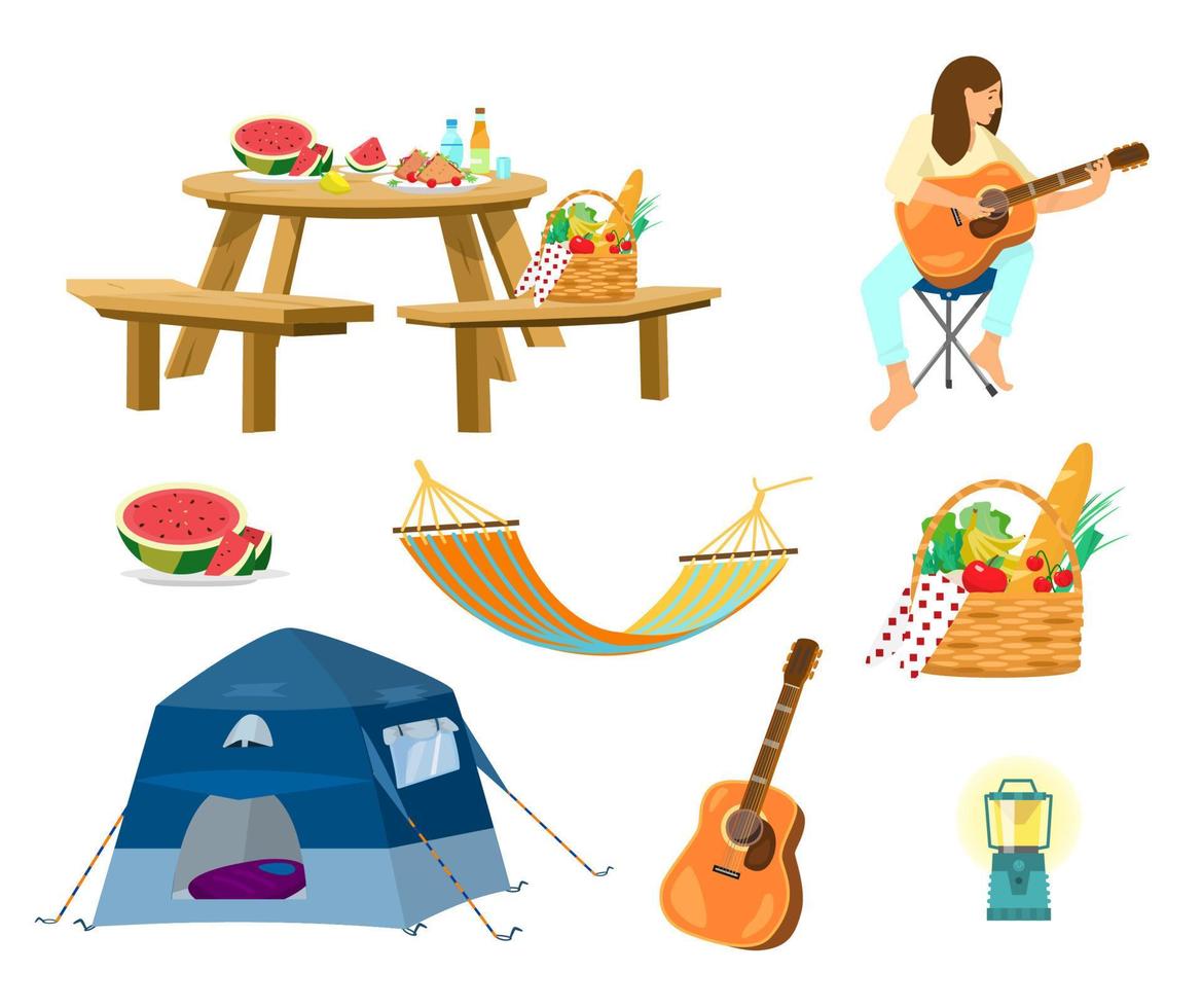 vector picknick set.picknick tafel, borden met eten, picknickmand, vrouw gitaar spelen, hangmat, drankjes, lantaarn, tent.