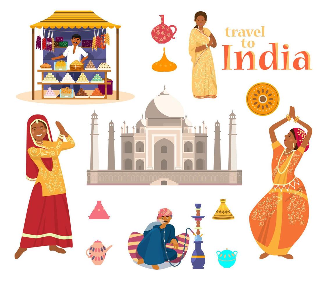 Indiase vector set.taj mahal, Indiase vrouwen in traditionele jurken dansen, man roken waterpijp, tapijten en stoffen straat winkel, handgemaakte keramiek, reizen naar india tekst.