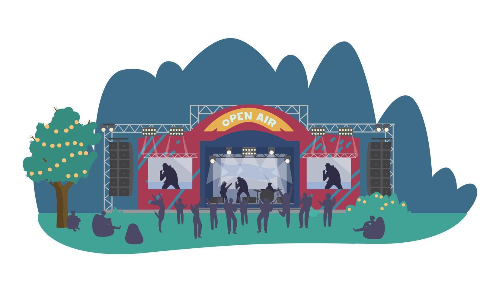 vector muzikale nacht openlucht festival podium met mensen dansen. platte vectorillustratie. geïsoleerd op wit.