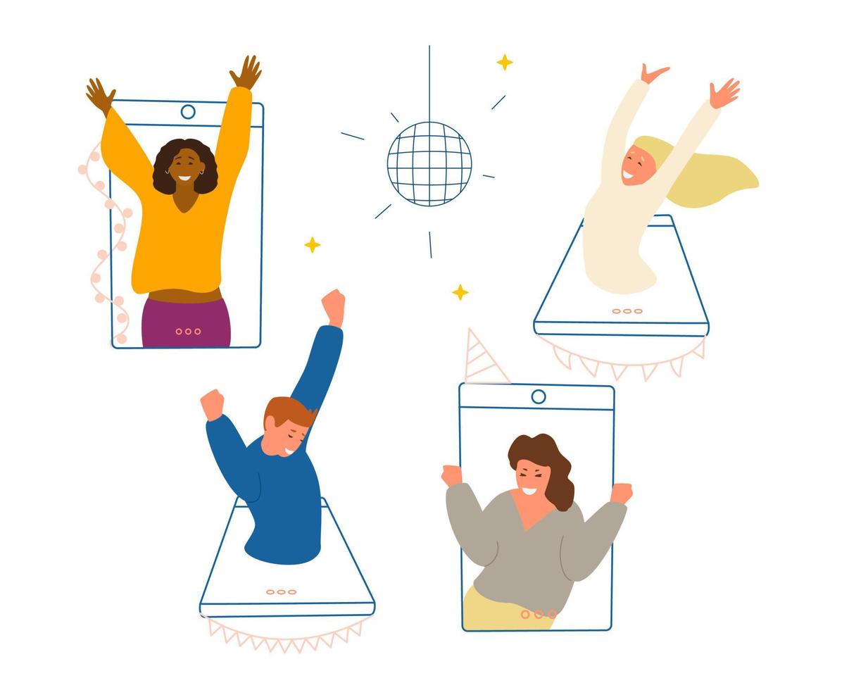 online dansfeest tijdens quarantaine concept platte vectorillustratie. gelukkige mensen van verschillende etniciteit dansen op smartphones. vector