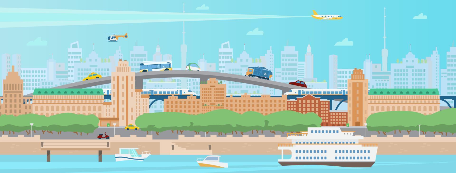 horizontale moderne zomer stad panorama. stadsgezicht met huizen, kade, boten, veerboot, trein, brug, auto's, bomen, helikopter en trein, wolkenkrabbers. platte vectorillustratie. vector