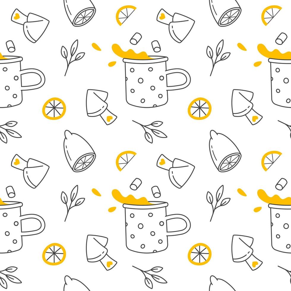 naadloos patroon met citroen, koekjes, muntblaadjes en een theekopje op een witte achtergrond. handgetekende pictogrammen in de doodle-stijl. geïsoleerde vectorillustratie voor tafelkleden, servetten, gordijnen vector