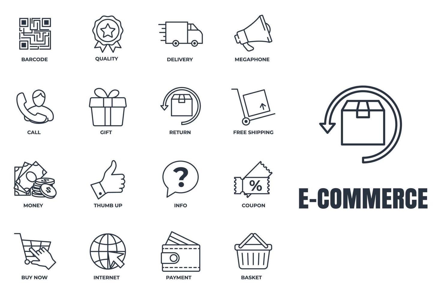 set van e-commerce pictogram logo vectorillustratie. mand, megafoon, retour, cadeau, kwaliteit, bestelwagen en meer pack-symboolsjabloon voor grafische en webdesigncollectie vector