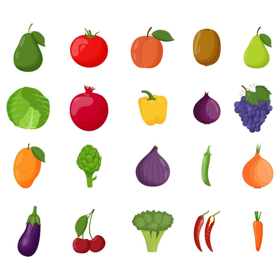 set van groenten en fruit. vegetarisch eten, gezond eetconcept. avocado, perzik, vijg, kers, kiwi, peer, peper, tomaten. platte vectorillustratie vector