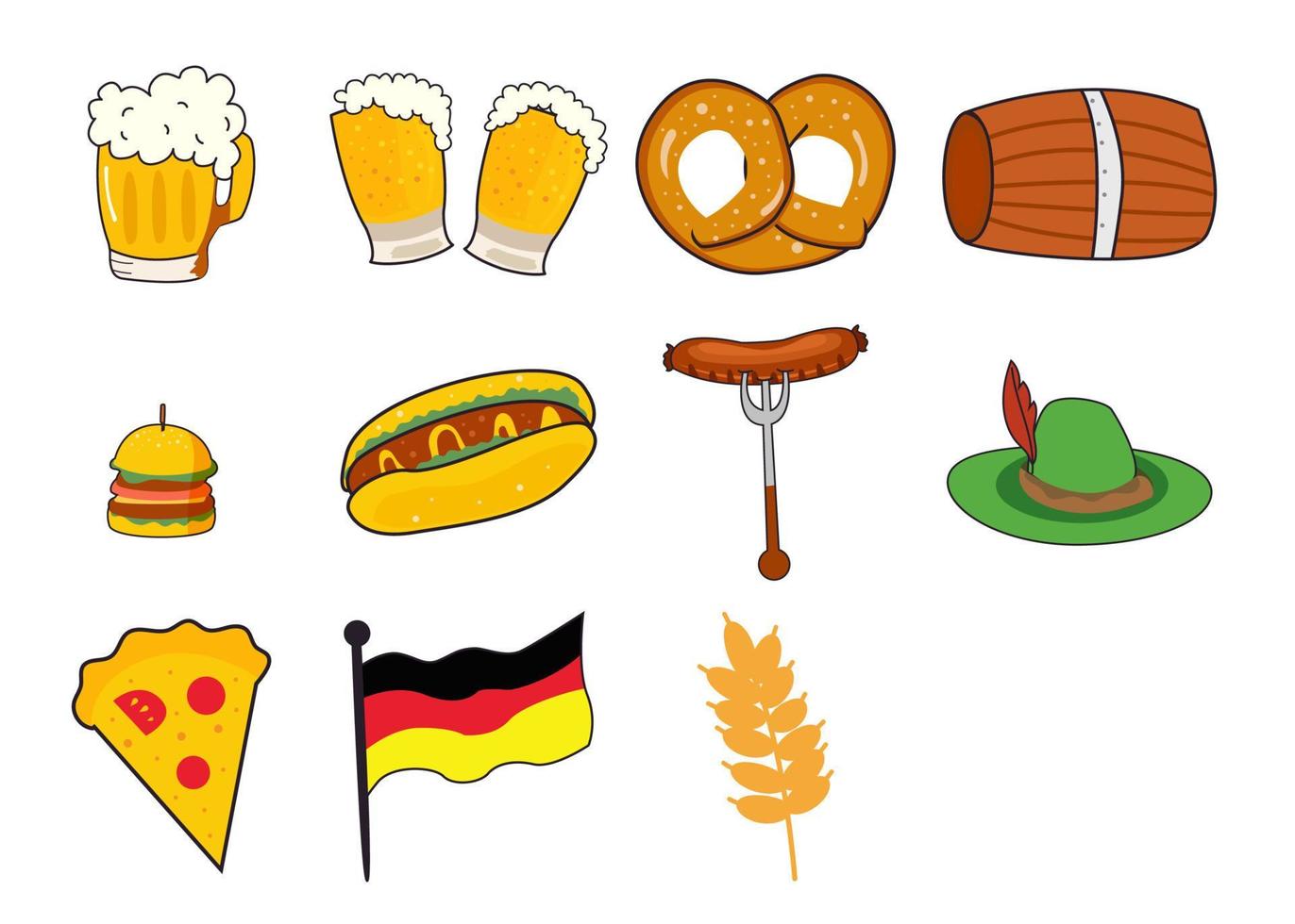 set iconen van het oktoberfest bierfestival. bier, worst op een vork, peperkoek, biervat, hamburger, hotdog. vector illustratie