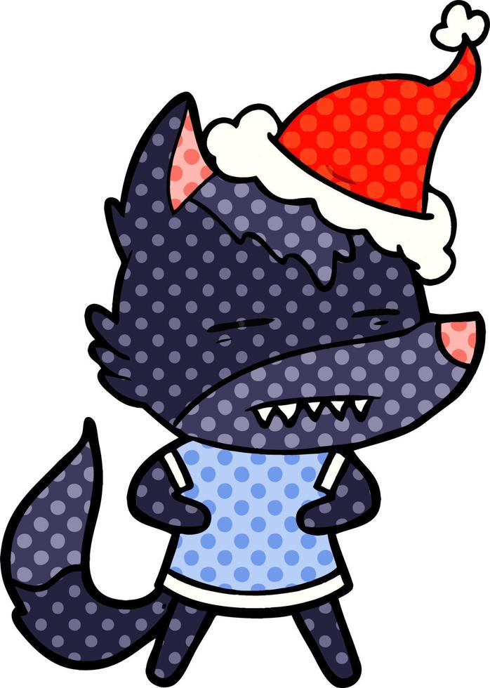 stripboekstijlillustratie van een wolf die tanden toont die een kerstmuts dragen vector