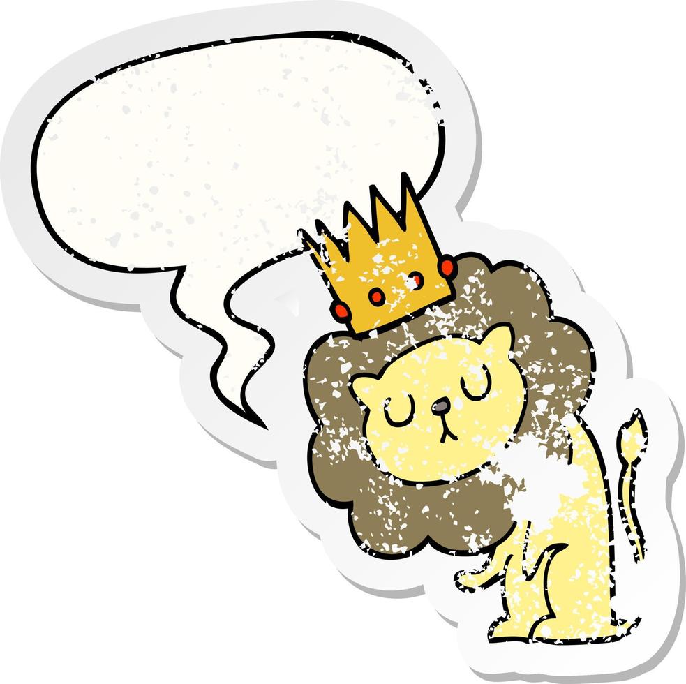 cartoon leeuw en kroon en tekstballon verontruste sticker vector