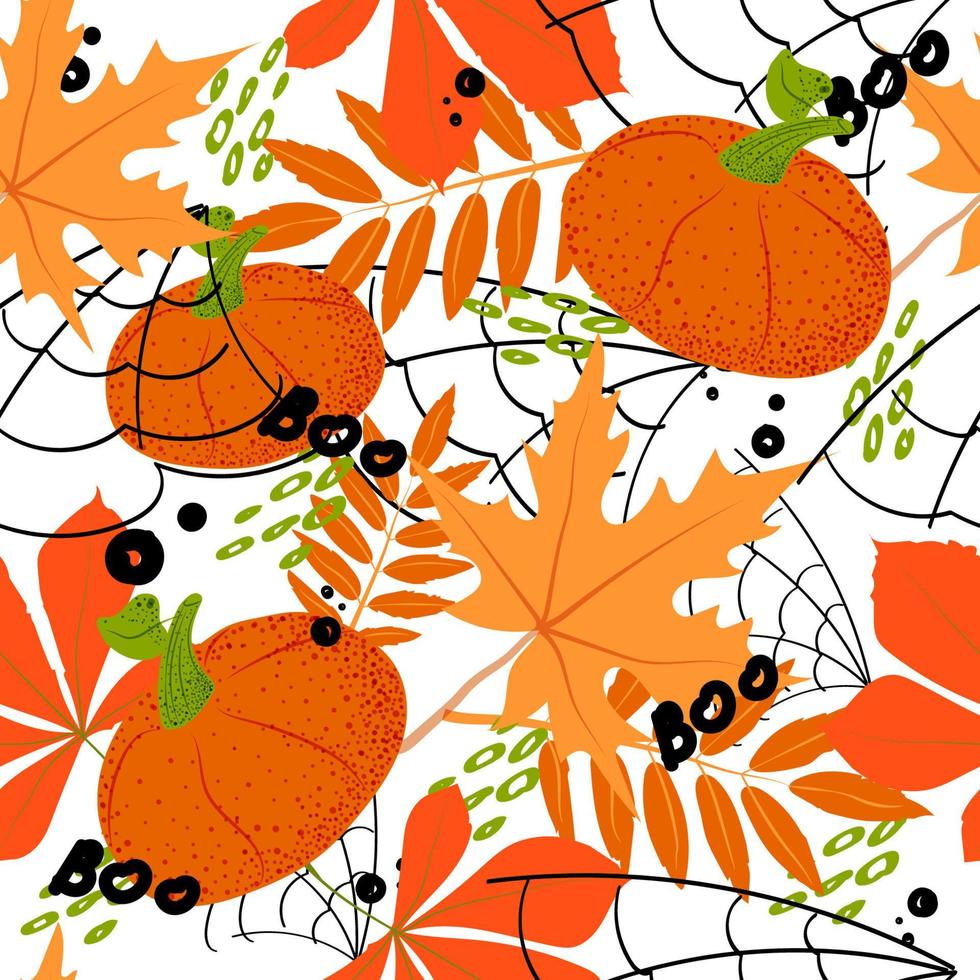 naadloos patroon van gestileerde oranje pompoenen, herfstbladeren en abstracte spinnenwebben op een lichte achtergrond. handgeschreven belettering boe. halloween. herfst. heldere pompoenen vector
