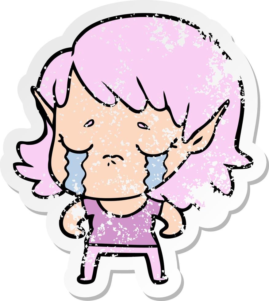 verontruste sticker van een cartoon huilend elfmeisje vector