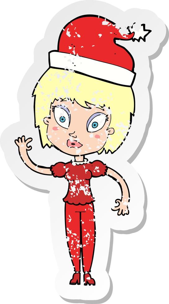 retro noodlijdende sticker van een cartoonvrouw klaar voor kerstmis vector