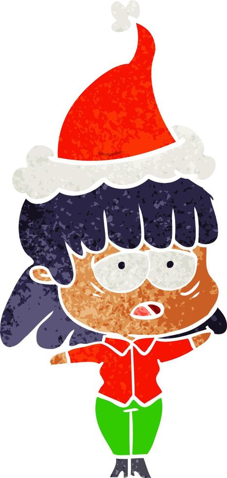 retro cartoon van een vermoeide vrouw die een kerstmuts draagt vector