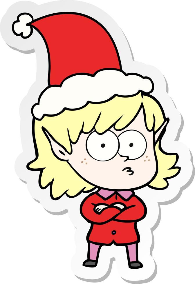 sticker cartoon van een elfenmeisje dat een kerstmuts draagt vector