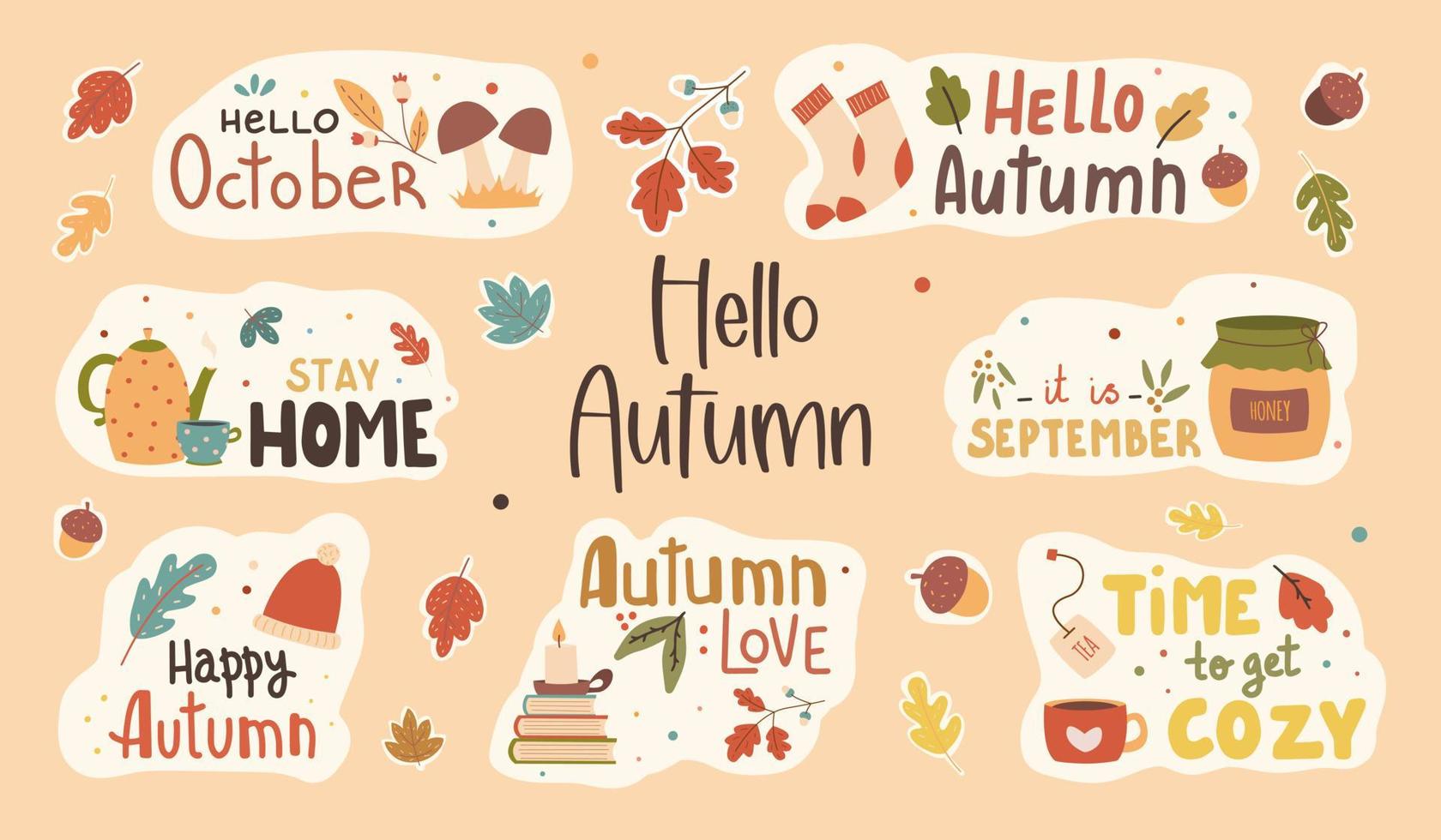 herfst hand getekende vector sticker set. een set stickers met een handgeschreven slogan van het herfstseizoen. herfstzinnen met gezellige decoratieve stelletjes designelementen. herfst belettering collectie