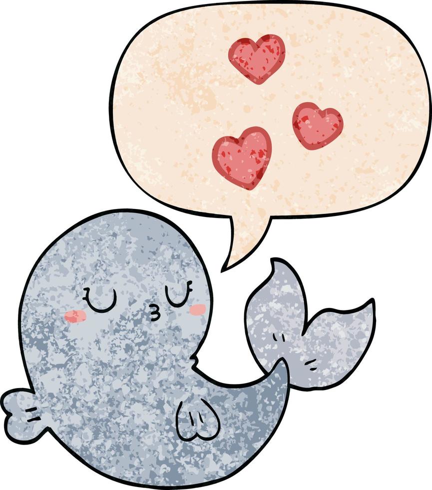 schattige cartoon walvis in liefde en tekstballon in retro textuurstijl vector