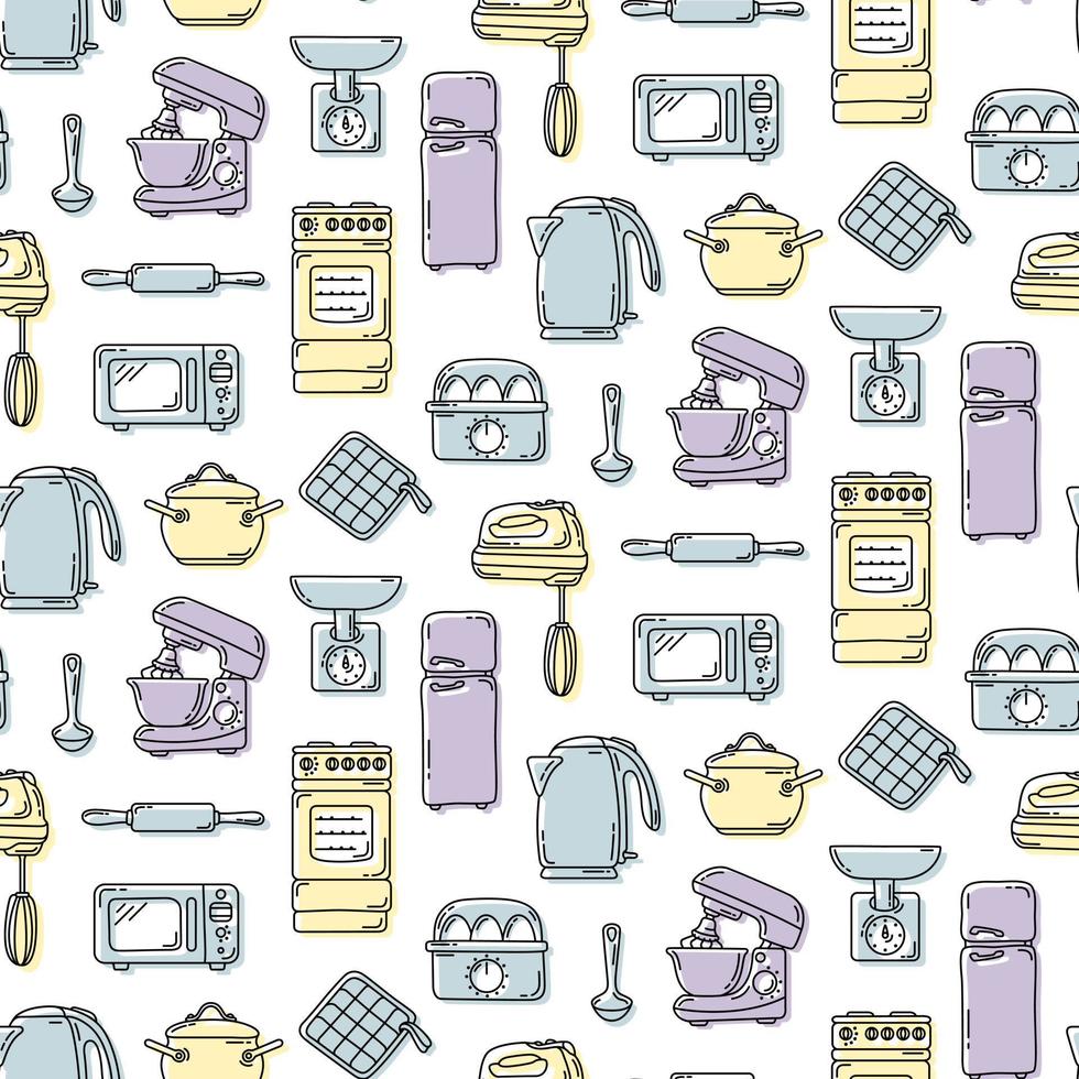 vector naadloos patroon in een handgetekende stijl met een gekleurde achtergrond, keukengerei, huishoudelijke apparaten