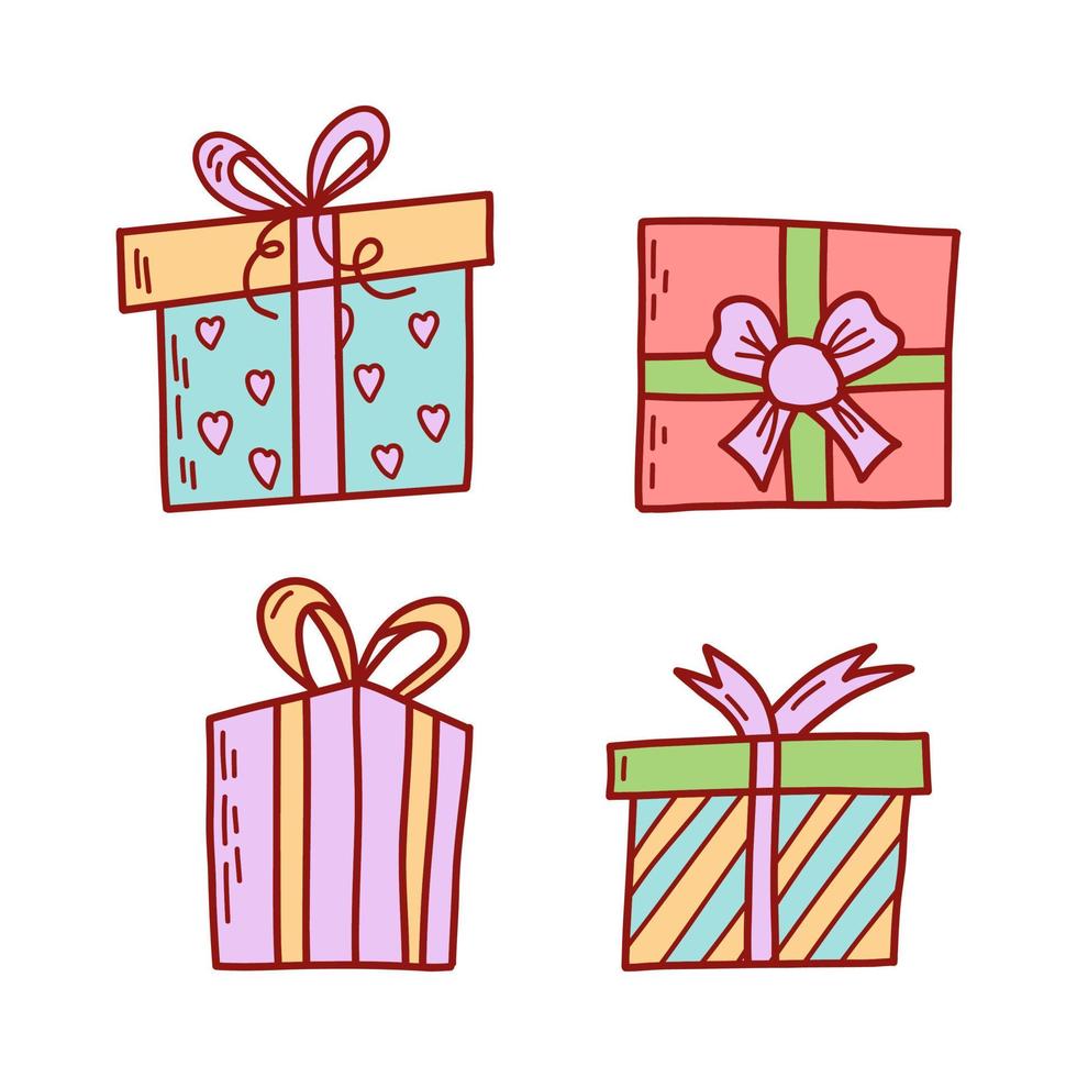 geschenkdozen set, hand getrokken doodle stijl. cadeautjes voor verjaardagsfeestjes. platte vectorillustratie. vector