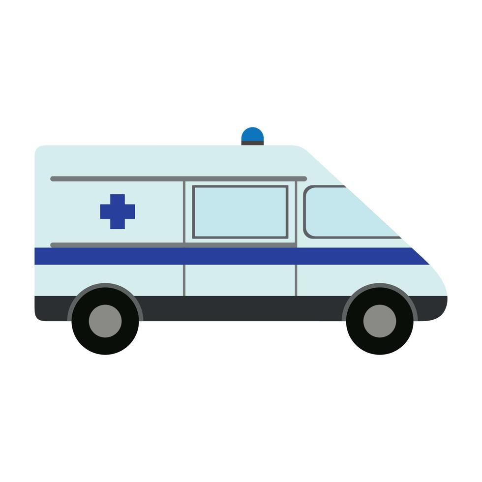 zijaanzicht van medische auto met blauw kruis, geïsoleerd op een witte, platte vector
