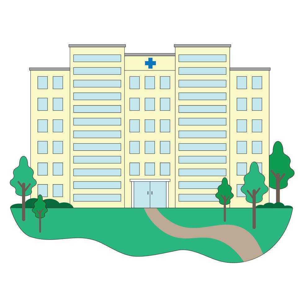 gele medische faciliteit gebouw met blauwe ramen, vlakke stijl vector, geïsoleerd op wit, ziekenhuis vector