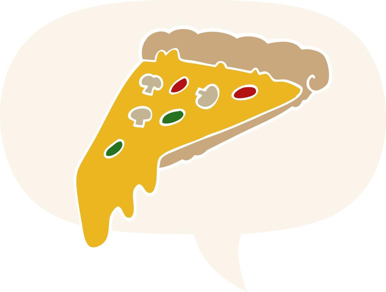 cartoon pizza slice en tekstballon in retro stijl vector