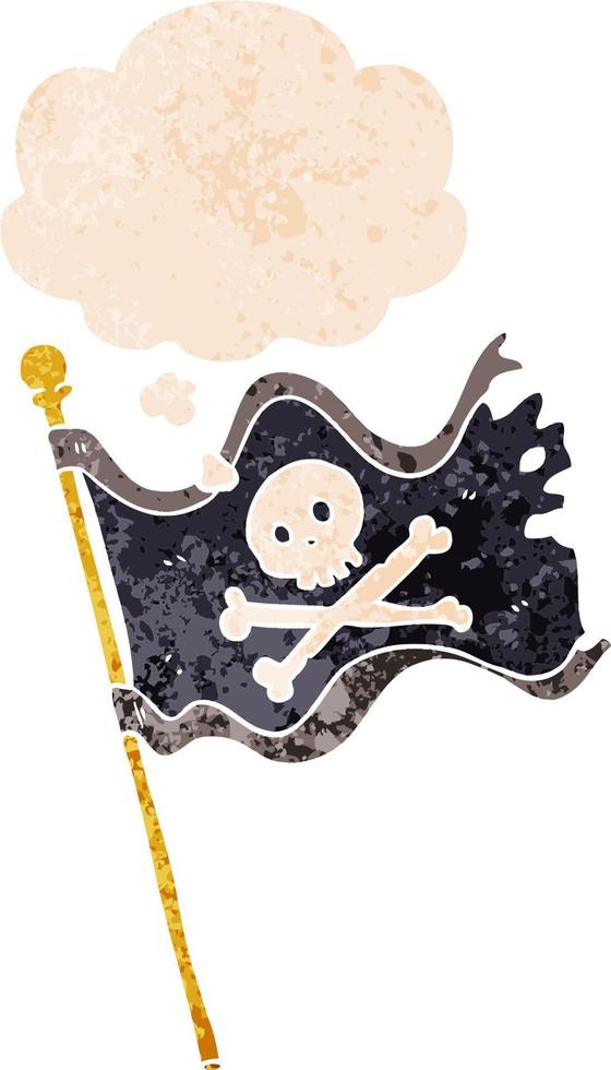 cartoon piratenvlag en gedachte bel in retro getextureerde stijl vector