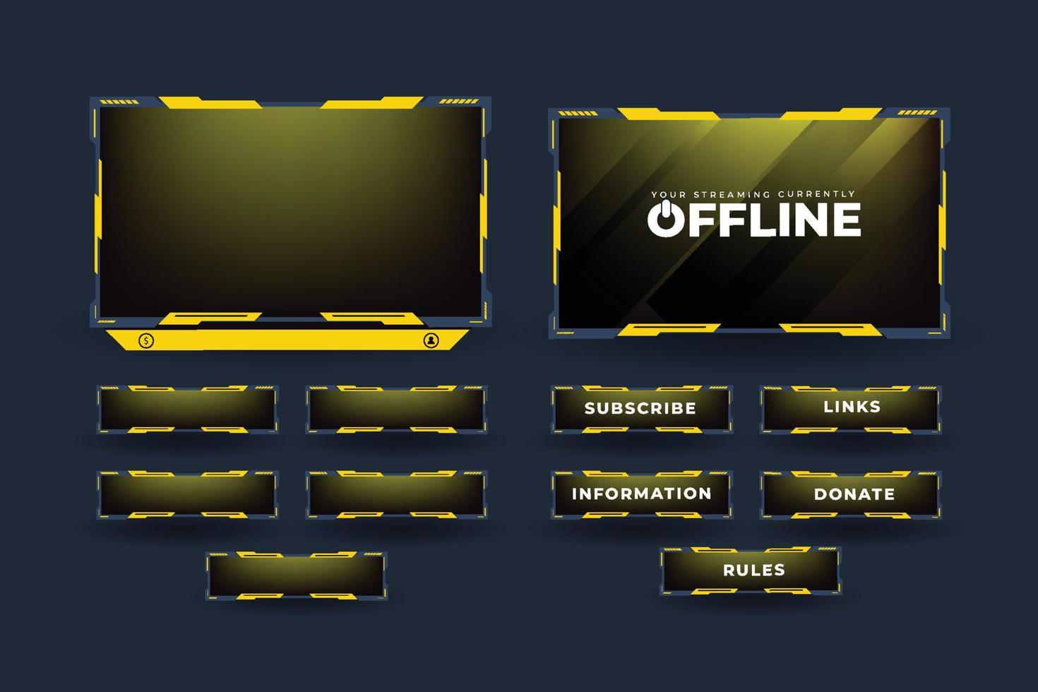 live streaming schermoverlay-vector voor online gamers. uitzending streaming overlay met gele en donkere kleuren. live gaming-overlay-decoratie met abonneerknoppen en een offline scherm. vector