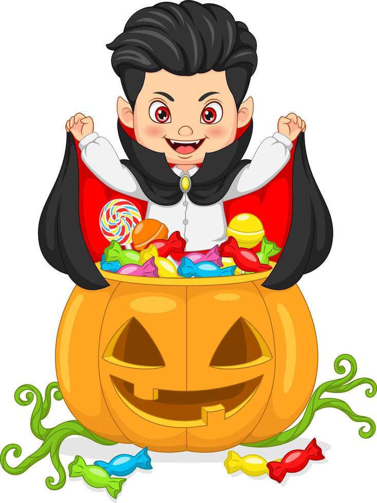 cartoon kleine dracula met mand met snoepjes vector