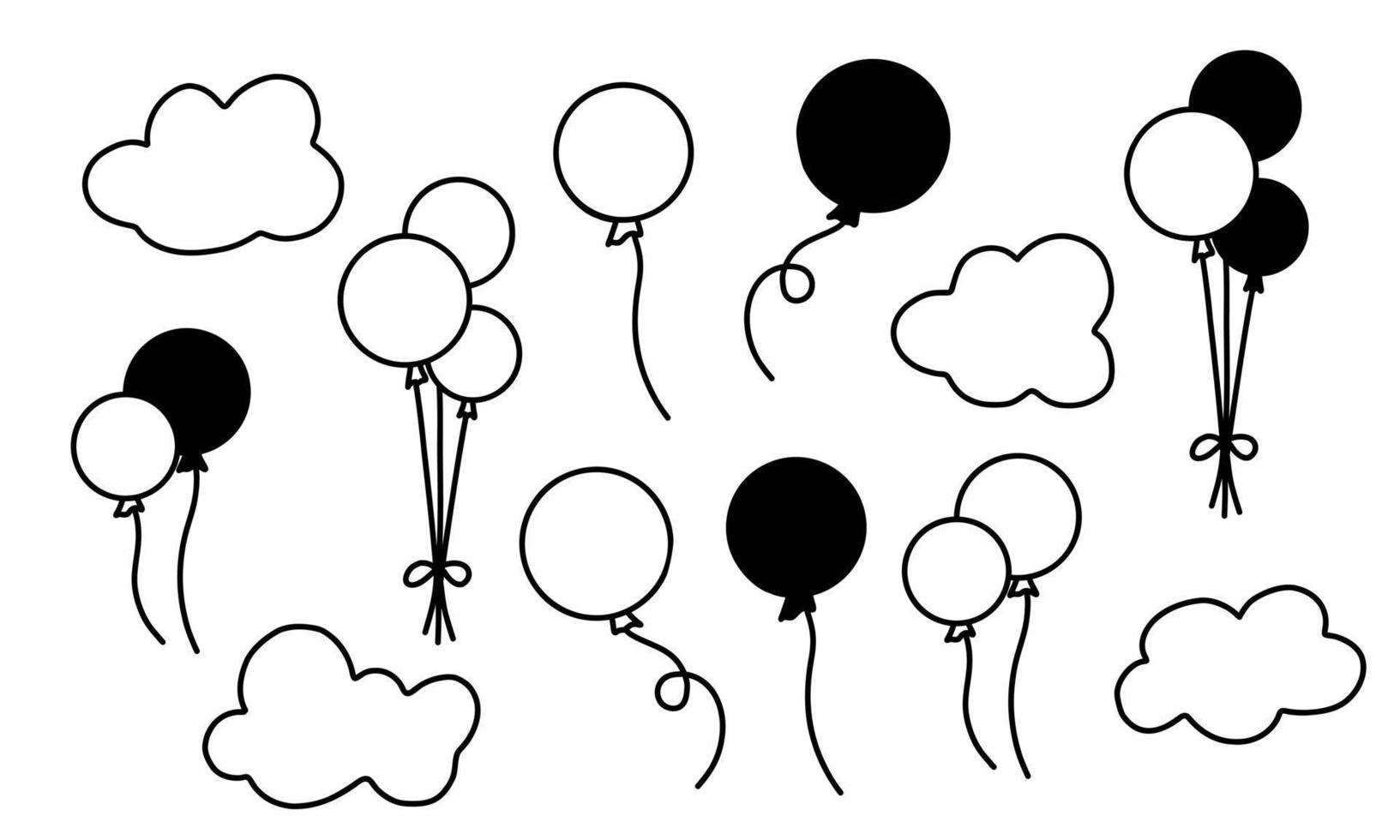 vector set met hete lucht ballonnen en wolken. handgetekende illustratie voor verjaardags- of wenskaarten. collectie met zwarte silhouetten op een witte geïsoleerde achtergrond