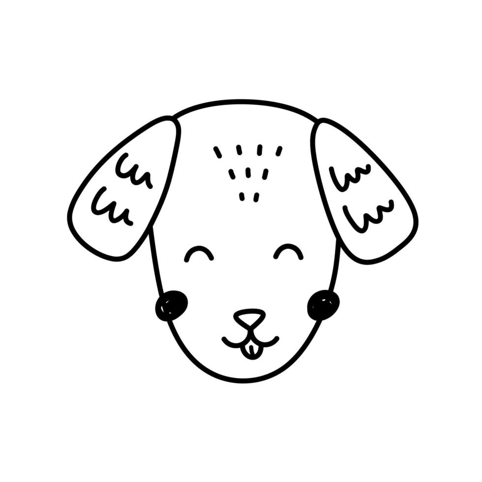 schattige hond gezicht geïsoleerd op een witte achtergrond. blije pup. vector handgetekende illustratie in doodle stijl. perfect voor decoraties, kaarten, logo, verschillende ontwerpen. eenvoudig stripfiguur.