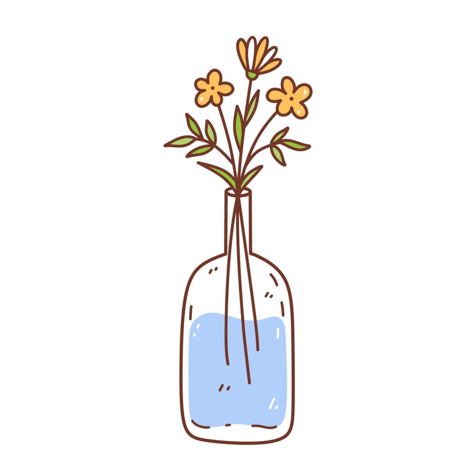 schattige gele bloemen in een glazen vaas geïsoleerd op een witte achtergrond. vector handgetekende illustratie in doodle stijl. perfect voor kaarten, logo, decoraties, verschillende ontwerpen.