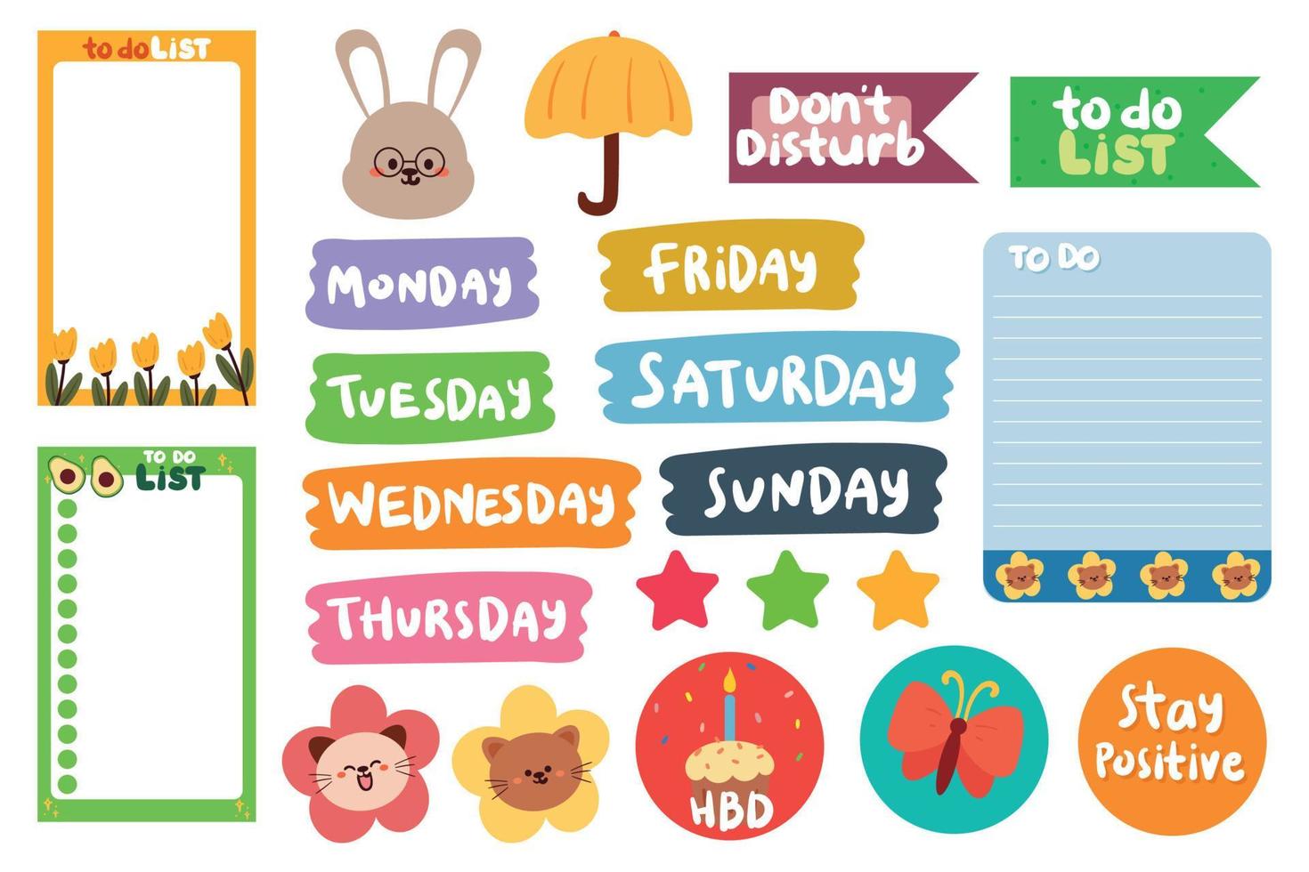 verzameling van wekelijkse en dagelijkse planner-sticker, notities, takenlijst, met letters en schattig pictogram. sjabloon voor agenda, checklist, briefpapier vector