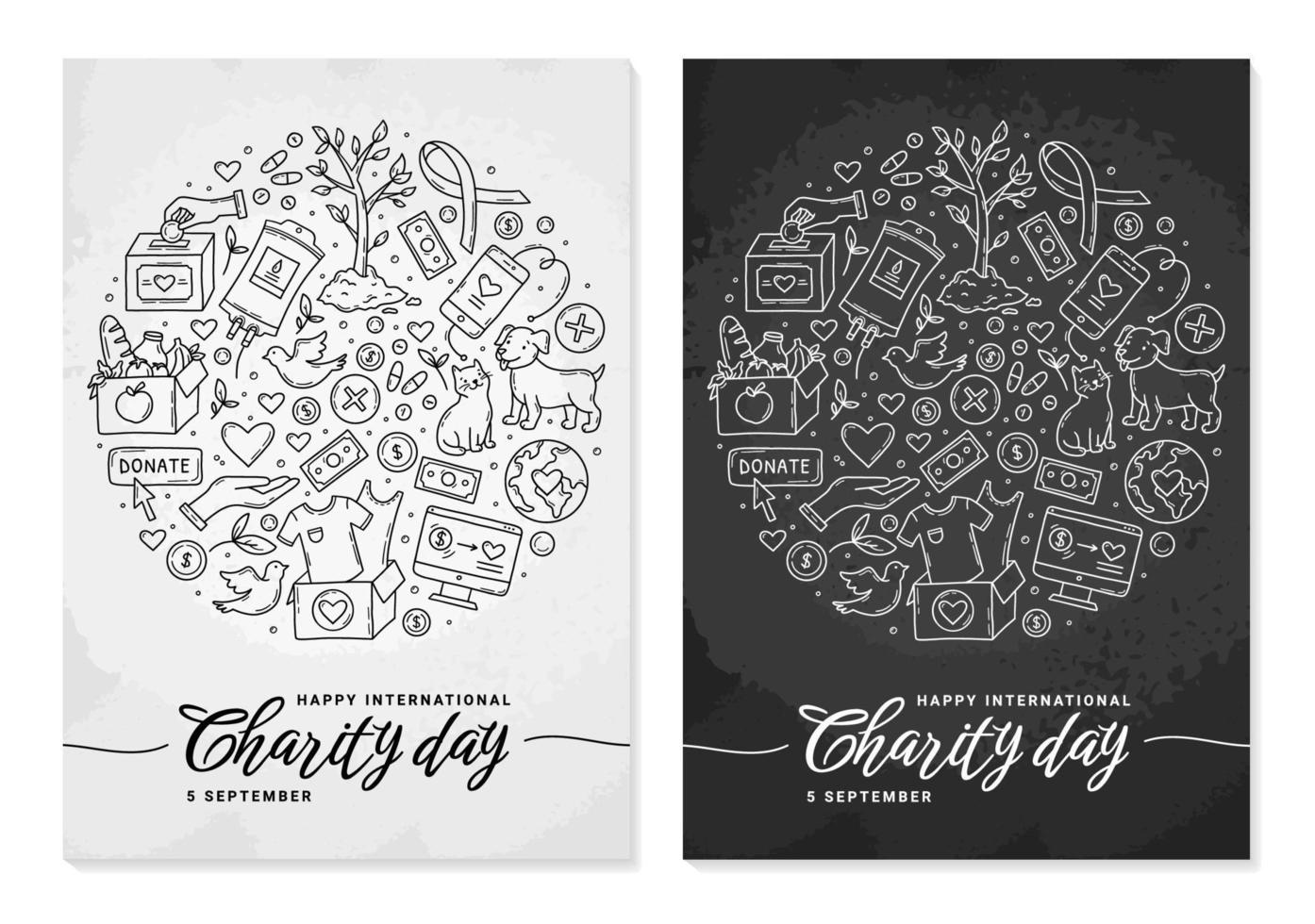 internationale dag van liefdadigheid en donaties vector doodle poster of kaarten. dierenhulp, kleding, voedsel en medicijnen, bloeddonatie en voorlichtingslint