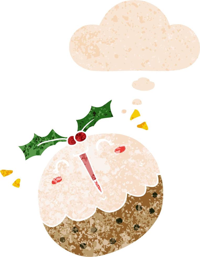 schattige cartoon kerstpudding en gedachte bel in retro getextureerde stijl vector