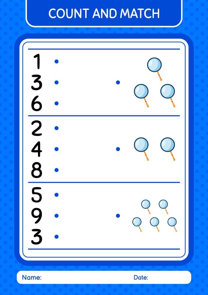 tel en match spel met vergrootglas. werkblad voor kleuters, activiteitenblad voor kinderen vector